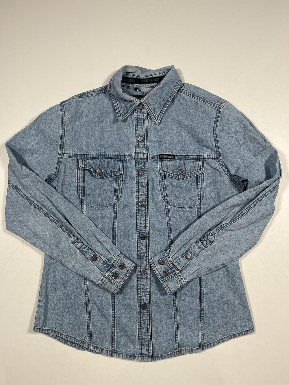 Vintage Harley-Davidson Shirt Womens Small Blue Denim Embroidered Button Up